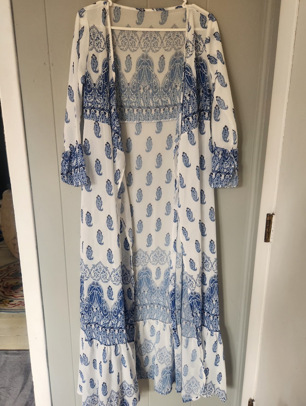 White & Blue Paisley Maxi Duster